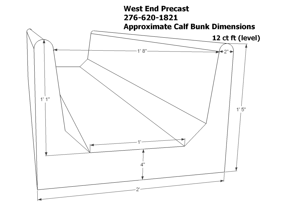 Technical drawing showing the dimensions of the calf bunk.