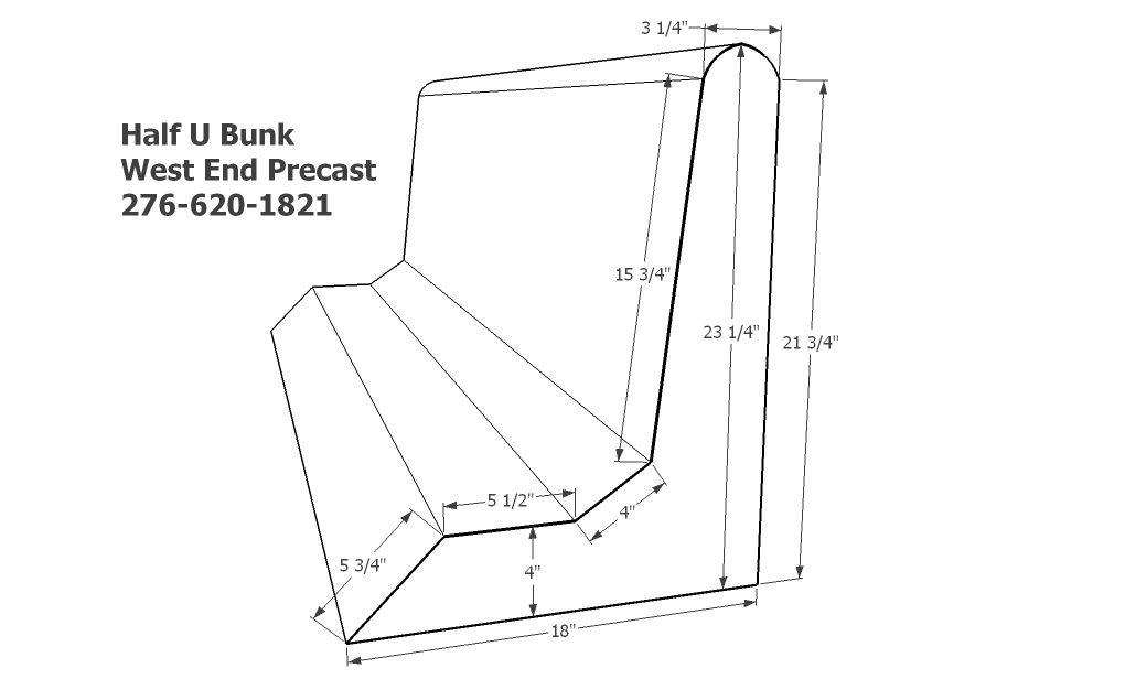 Technical drawing showing the dimensions of the half U bunk.